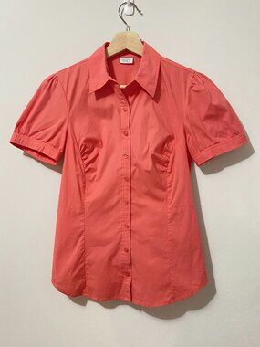 Y2K Suzy Shier Coral Pink Button Down Puff Sleeve Top Preppy Office Poplin